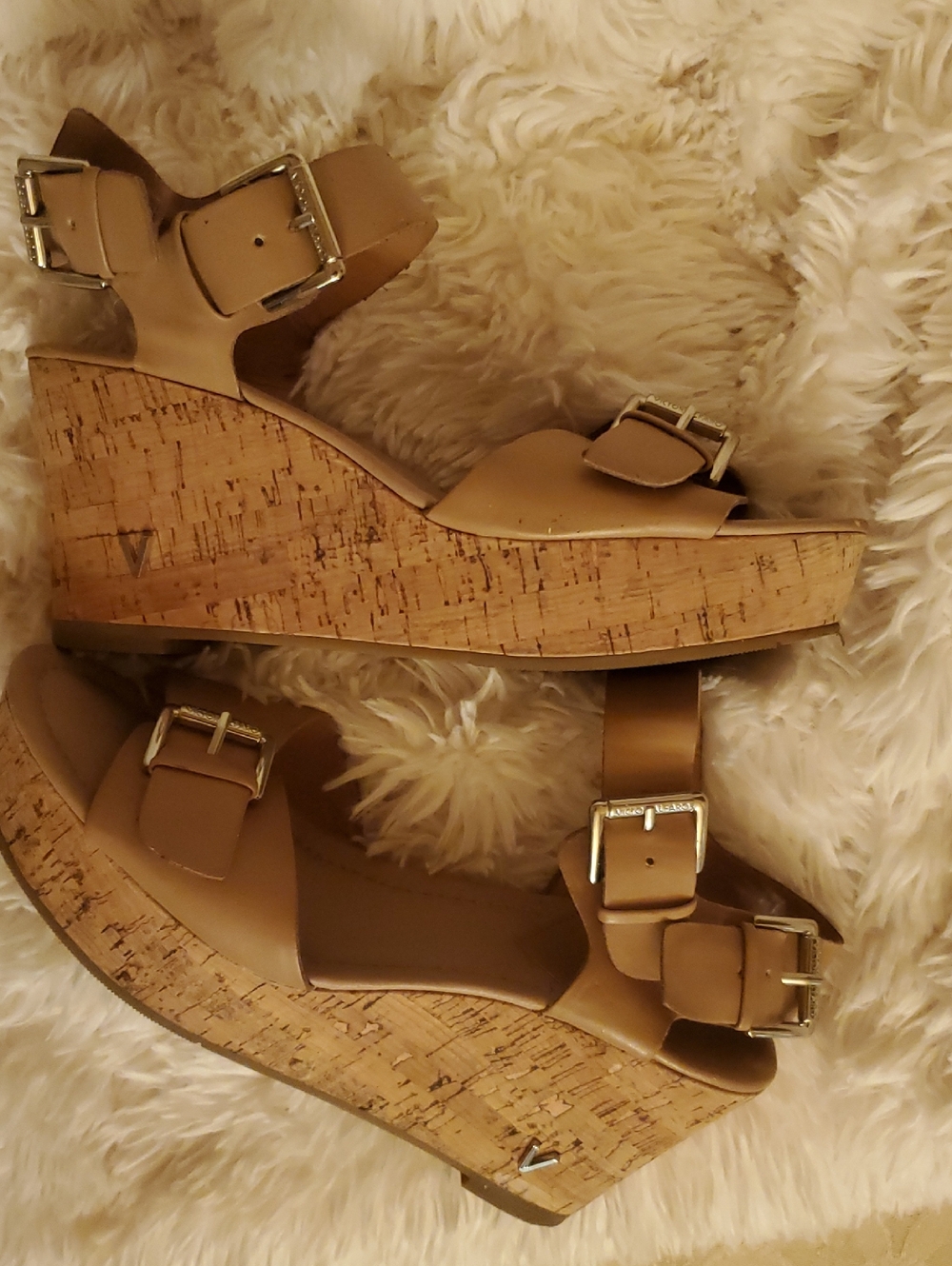 Victor Alfaro Tan Cork Wedge Sandals with Buckle Straps